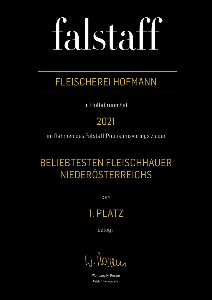 Falstaff Urkunde 2021: 1. Platz, beliebteste Fleischhauer Niederösterreichs