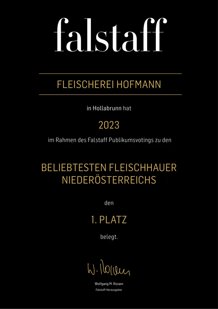 Falstaff Urkunde 2023: 1. Platz, beliebteste Fleischhauer Niederösterreichs