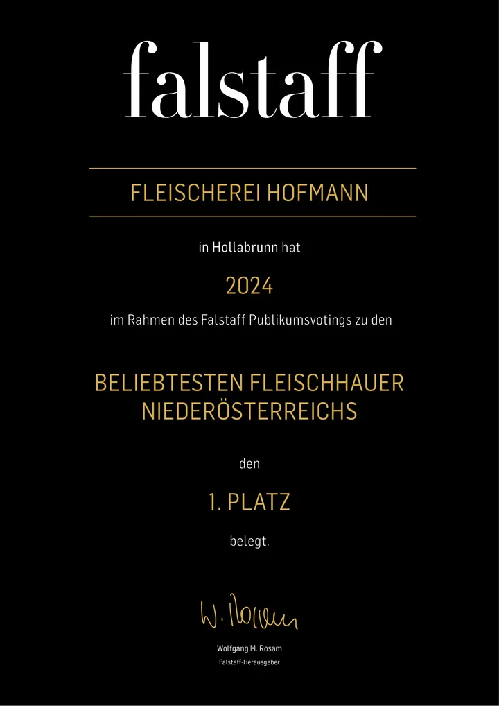Falstaff Urkunde 2024: 1. Platz, beliebteste Fleischhauer Niederösterreichs