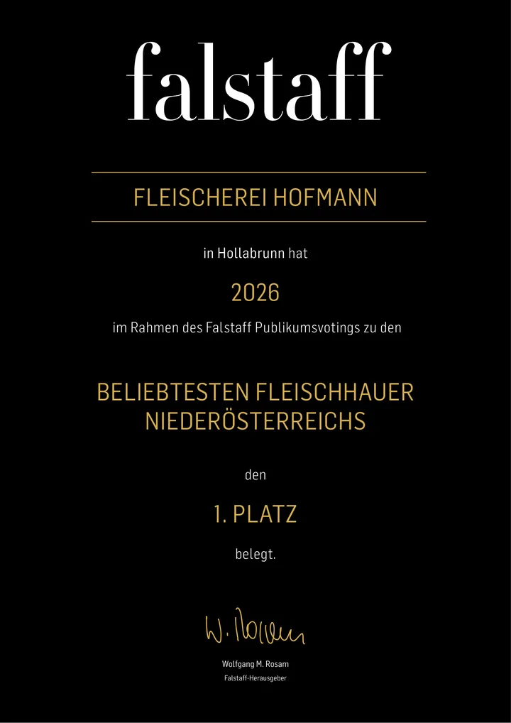 Falstaff Urkunde 2026: 1. Platz, beliebteste Fleischhauer Niederösterreichs